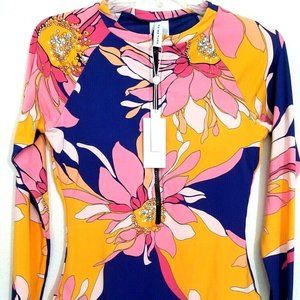 Rashguard Femme Trina Turk - Orange Brodé 'Wanderlust' - Taille L, Manches Courtes
